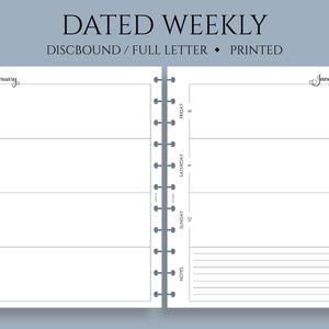 Dated Weekly Planner Inserts, Full Letter Size Discbound, Two Page Horizontal Layout, Lined Notes Section, WO2P ~ 8.5" x 11"