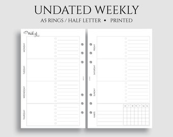 Undated Weekly Planner Inserts, Horizontal Layout w/ Daily To Do List, Weekly Habit Tracker, WO2P ~ A5 Rings, Half Letter Size / 5.5" x 8.5"