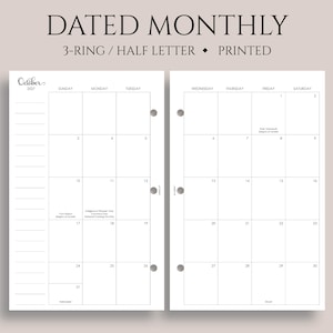 Dated Monthly Calendar Planner Inserts, 3-Ring Mini, Half Letter, Sunday Start, Holidays, MO2P ~ 5.5" x 8.5"