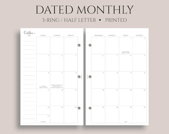 Dated Monthly Calendar Planner Inserts, 3-Ring Mini, Half Letter, Sunday Start, Holidays, MO2P ~ 5.5" x 8.5"