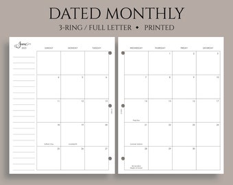 Dated Monthly Calendar Planner Inserts, Sunday Start, Optional Holidays, MO2P ~ Fits Full Letter Size 3-Ring / 8.5" x 11"