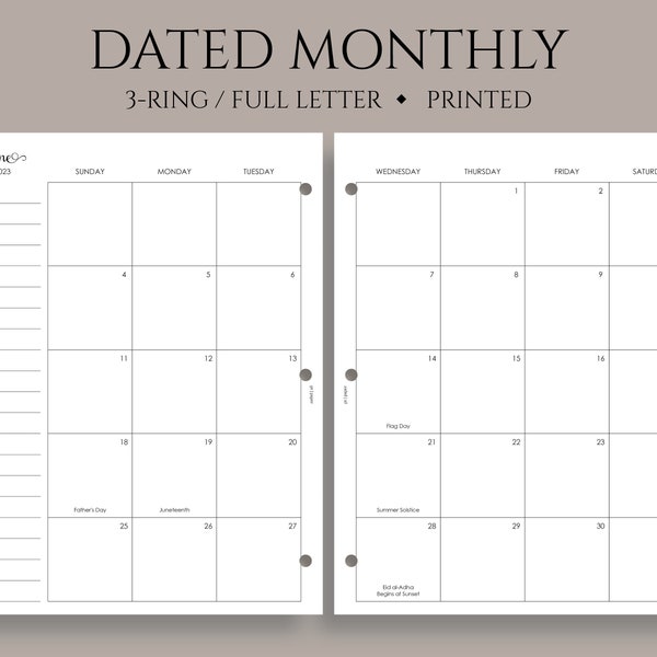 Dated Monthly Calendar Planner Inserts, Sunday Start, Optional Holidays, MO2P ~ Fits Full Letter Size 3-Ring / 8.5" x 11"