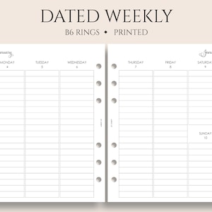 Dated Weekly Planner Inserts, B6 Planner, 6-Ring, Vertical Layout, Lined Columns, Week on Two Pages, WO2P ~ 5.3" x 7"