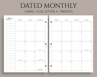 Dated Monthly Calendar Planner Inserts, Monday Start, Optional Holidays, MO2P ~ Fits Full Letter Size 3-Ring / 8.5" x 11"