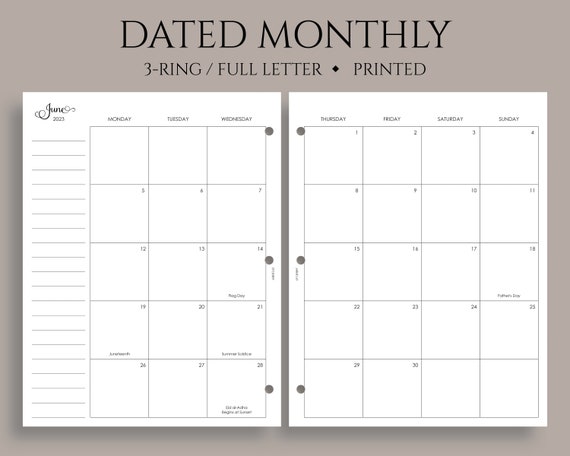 Dated Monthly Calendar Planner Inserts, Monday Start, Optional Holidays, MO2P Fits Full Letter Size 3-ring / 8.5 X 11 - Etsy Dated Monthly Calendar Planner Inserts, Monday Start, Optional Holidays, MO2P Fits Full Letter Size 3-ring / 8.5 X 11 - Etsy