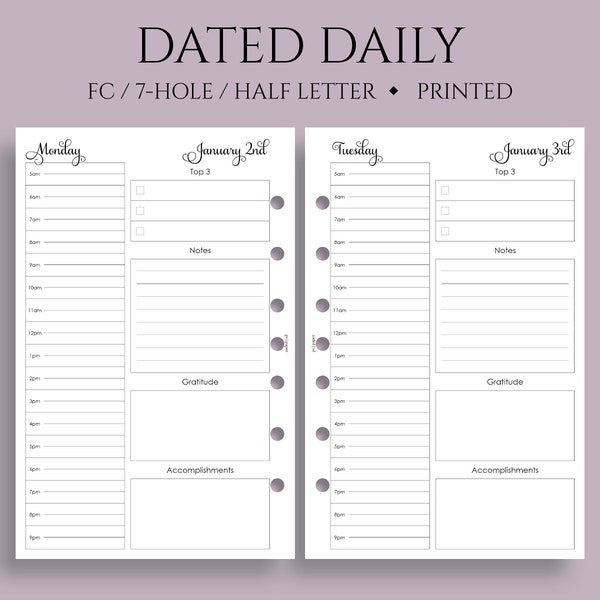 Dated Daily Planner Inserts, Schedule, To-Do List, Notes, Daily Gratitude, DO1P ~ FC Classic 7-Hole, Half Letter Size / 5.5" x 8.5"