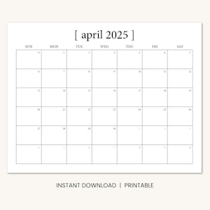 April 2025 Calendar Printable, Minimal Dated April Monthly Calendar, Instant Digital Download PDF, Sunday Start or Monday Start