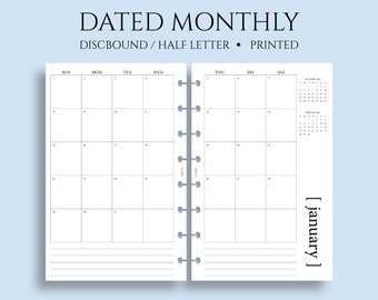 Dated Monthly Calendar Planner Inserts, Sunday Start, MO2P, Minimal, Functional ~ Junior Half Letter Size Discbound / 5.5 x 8.5"