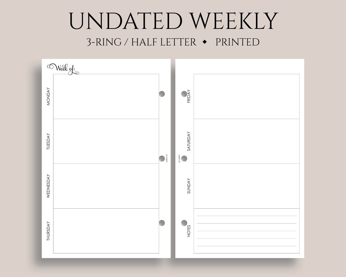 Undated Weekly Planner Inserts, Two Page Horizontal Layout, Lined Notes ...