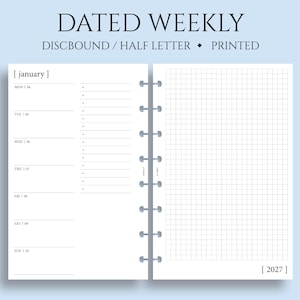Dated Weekly Planner Inserts, Junior Half Letter Size Discbound, Horizontal, Graph, Two-Page Weekly, Minimal, WO2P ~ 5.5 x 8.5"