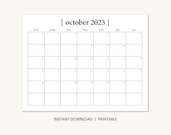 October 2025 Calendar Printable, Minimal Dated October Monthly Calendar, Instant Digital Download PDF, Sunday Start or Monday Start