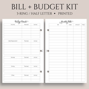 Monthly Bills and Budget Kit Planner Inserts, Income, Expenses, Debt Payment Tracker ~ Half Letter Size 3-Ring / 5.5&quot; x 8.5&quot;