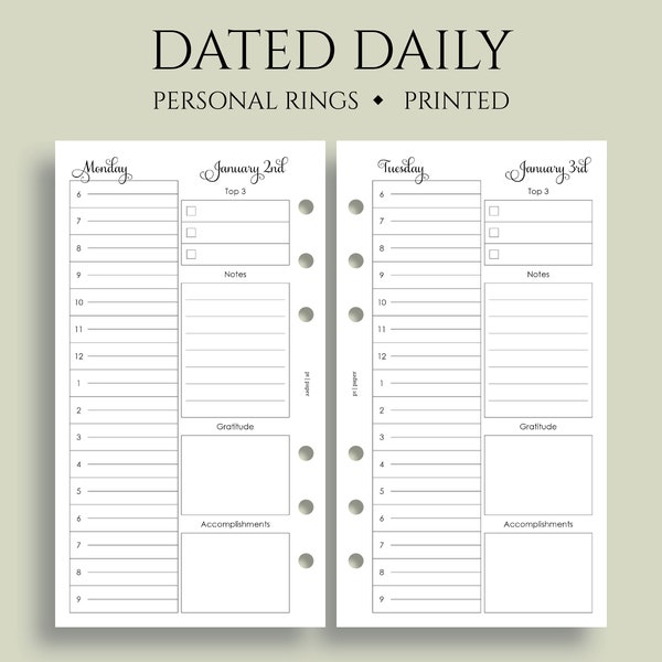 Dated Daily Planner Inserts, Schedule, To-Do List, Notes, Daily Gratitude, DO1P ~ Personal Rings / 3.75" x 6.75"