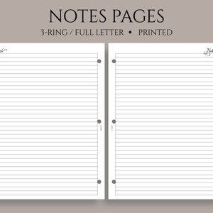 May include: Two blank, white, lined, 8.5 x 11 inch, 3-ring binder pages with the word "Notes" at the top of each page. The pages are designed for use in a 3-ring binder.