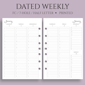 Dated Weekly Planner Inserts, FC Classic 7-Hole, Vertical Timed Hourly Layout, Week on Two Pages, WO2P ~ Half Letter Size / 5.5" x 8.5"
