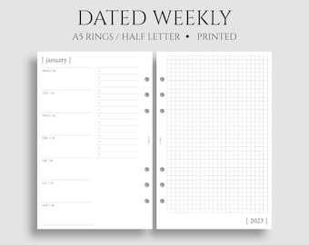 Dated Weekly Planner Inserts, Horizontal, Graph, Two-Page Weekly, Minimal, Functional, WO2P ~ A5 Rings, Half Letter Size / 5.5" x 8.5"