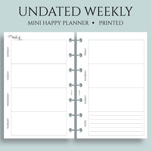 Undated Weekly Planner Inserts, Horizontal Layout with Weekly Notes Section, WO2P ~ Mini Happy Planner / 4.6&quot; x 7&quot; Discbound