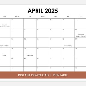April 2025 Calendar with Holidays, Printable Dated April Monthly Calendar, Instant Digital Download PDF, Sunday Start or Monday Start