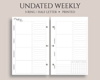 Undated Weekly Planner Inserts, Horizontal Layout with Daily To Do List, Weekly Habit Tracker, WO2P ~ Half Letter Size 3-Ring / 5.5" x 8.5"