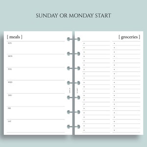 Op de afbeelding: Een printbare plannerpagina met twee kolommen, een met de naam "maaltijden" en de andere met de naam "boodschappen". De kolom "maaltijden" heeft ruimte om maaltijdplannen voor elke dag van de week in te vullen, van zondag tot en met zaterdag. De kolom "boodschappen" heeft lege regels om een boodschappenlijstje te schrijven.