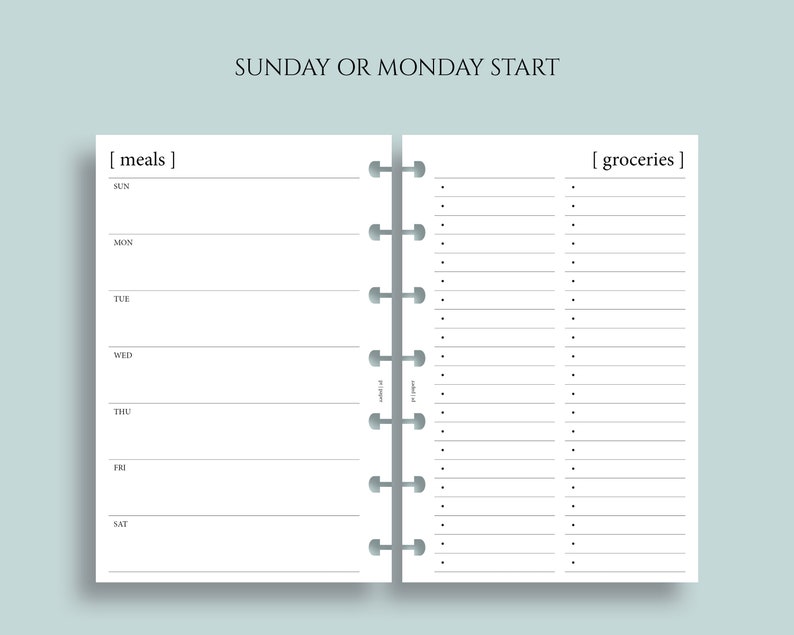 Op de afbeelding: Een printbare plannerpagina met twee kolommen, een met de naam "maaltijden" en de andere met de naam "boodschappen". De kolom "maaltijden" heeft ruimte om maaltijdplannen voor elke dag van de week in te vullen, van zondag tot en met zaterdag. De kolom "boodschappen" heeft lege regels om een boodschappenlijstje te schrijven.