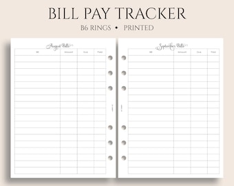 Monthly Bill Pay Tracker Planner Inserts, B6 Planner, 6-Ring, Bills Due Reminder, Payment Organizer ~ 5.3" x 7"