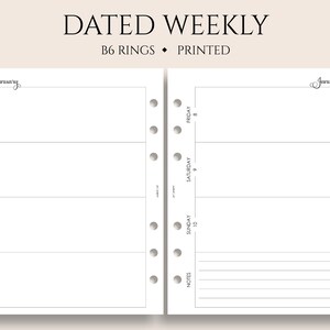 Dated Weekly Planner Inserts, B6 Planner, 6-Ring, Two Page Horizontal Layout, Lined Notes Section, WO2P ~ 5.3" x 7"