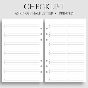 May include: A white checklist planner insert with horizontal lines and dot markers for each line item. The text "CHECKLIST" is at the top, with "A5 RINGS / HALF LETTER • PRINTED" below it. The planner insert has holes for binding.