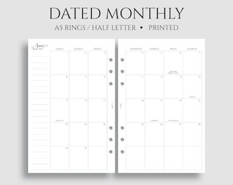 Dated Monthly Calendar Planner Inserts, A5 6-Ring Punch, Half Letter Size, Holidays, Sunday Start, MO2P ~ 5.5&quot; x 8.5&quot;
