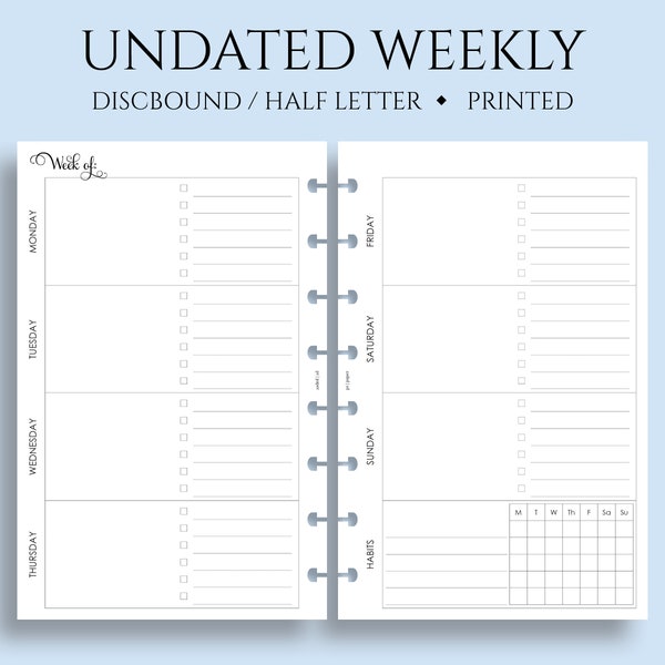 Undated Weekly Planner Inserts, Horizontal Layout, Daily To Do List, Weekly Habit Tracker, WO2P ~ Junior Half Letter Discbound / 5.5" x 8.5"