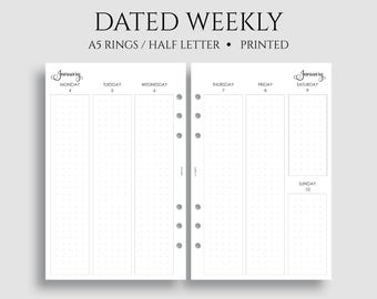 Dated Weekly Planner Inserts, A5 6-Ring Punch, Half Letter Size, Vertical Column Layout, Dot Grid, Two Page Weekly, WO2P ~ 5.5" x 8.5"