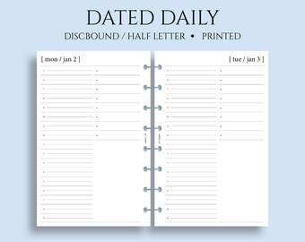 Dated Daily Planner Inserts, Timed Hourly, To-Do List, Notes, Minimal, Functional DO1P ~ Junior Half Letter Size Discbound / 5.5" x 8.5"