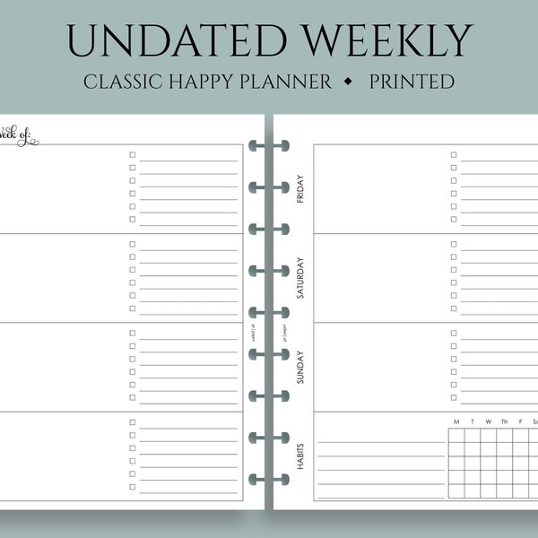 Undated Weekly Planner Inserts, Horizontal Layout, To Do List, Weekly Habit Tracker, WO2P ~ Classic Happy Planner / 7" x 9.25" Discbound