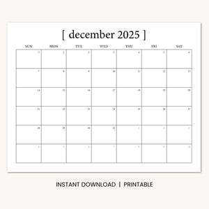 December 2025 Kalender Utskrivbar, Minimal Daterad December Månadskalender, Direkt Digital Nedladdning PDF, Söndagsstart eller Måndagsstart