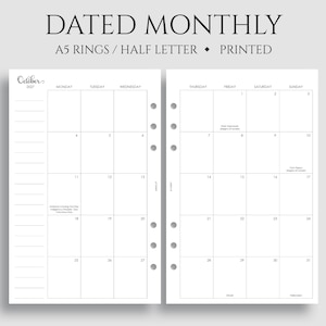 Dated Monthly Calendar Planner Inserts, A5 6-Ring Punch, Half Letter Size, Holidays, Monday Start, MO2P ~ 5.5" x 8.5"