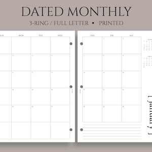 Dated Monthly Calendar Planner Inserts, 3-Ring Full Letter, Sunday Start, MO2P, Minimal, Functional ~ 3-Hole Punch, 8.5" x 11"