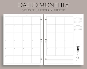 Dated Monthly Calendar Planner Inserts, 3-Ring Full Letter, Sunday Start, MO2P, Minimal, Functional ~ 3-Hole Punch, 8.5" x 11"
