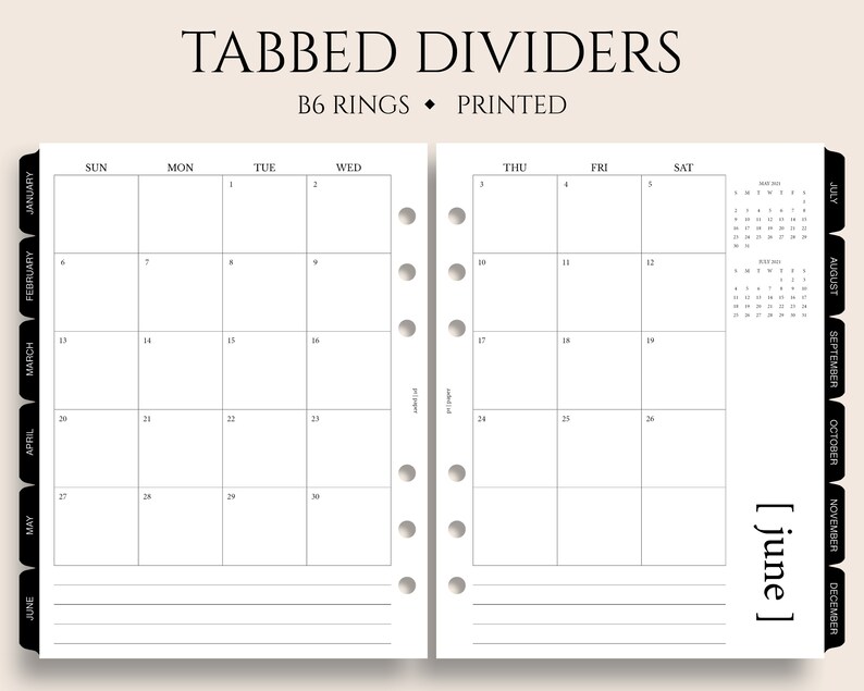Tabbed Monthly Dividers Printed Monthly Calendars with Mylar Etsy