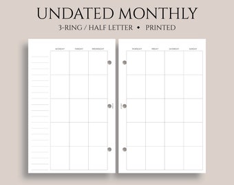 Undated Monthly Calendar Planner Inserts, Monday to Sunday, MO2P Layout, Monday Start ~ Half Letter Size 3-Ring / 5.5" x 8.5"