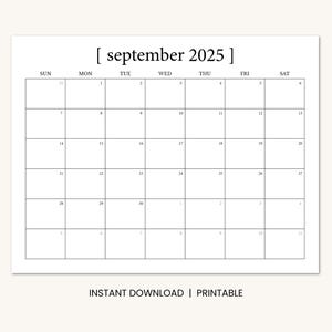 September 2025 Calendar Printable, Minimal Dated September Monthly Calendar, Instant Digital Download PDF, Sunday Start or Monday Start