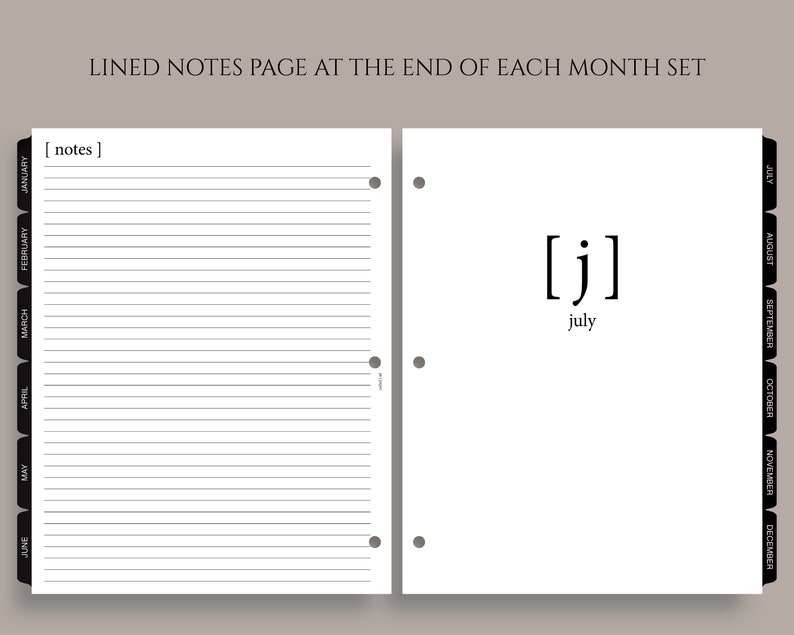 Tabbed Monthly Dividers, Printed Monthly Calendars with Mylar Tabs, Minimal Design, MO2P Fits Full Letter Size 3-Ring / 8.5 x 11 image 2