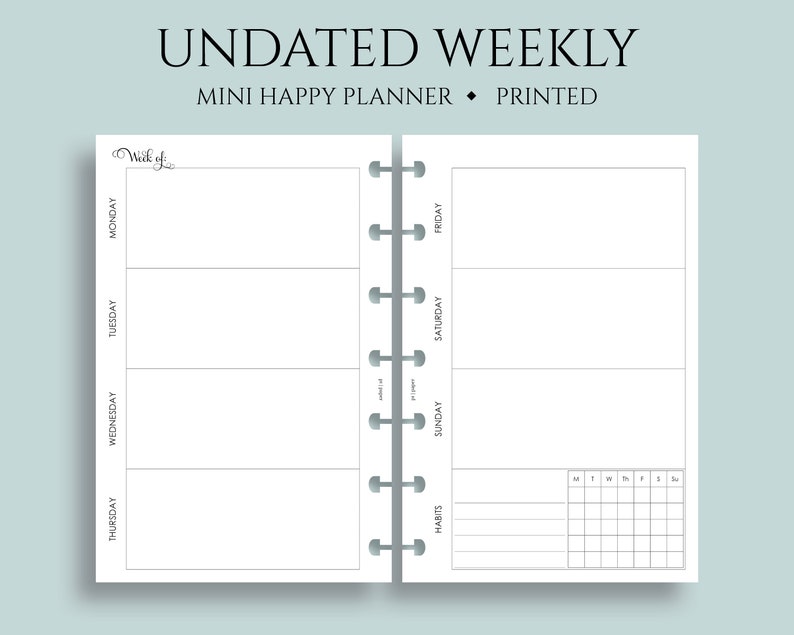 Undated Weekly Planner Inserts, Horizontal Layout With Weekly Habit ...