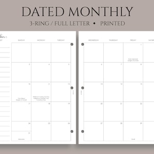 Dated Monthly Calendar Planner Inserts, 3-Ring Full Letter, Sunday Start, Holidays, MO2P ~ 3-Hole Punch, 8.5" x 11"