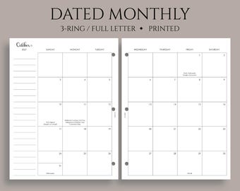 Dated Monthly Calendar Planner Inserts, 3-Ring Full Letter, Sunday Start, Holidays, MO2P ~ 3-Hole Punch, 8.5" x 11"