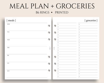 Weekly Meal Planning and Grocery Shopping List Planner Inserts, B6 Planner, 6-Ring, Minimal Style, Functional ~ 5.3" x 7"