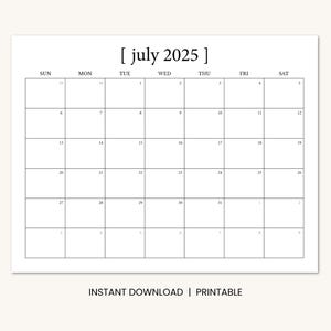 Juli 2025 Druckbarer Kalender, minimaler datierter Juli Monatskalender, sofortiger digitaler Download PDF, Sonntag Start oder Montag Start