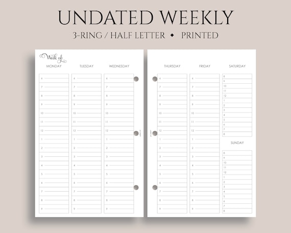 Undated Weekly Planner Inserts Vertical Timed Hourly Layout | Etsy