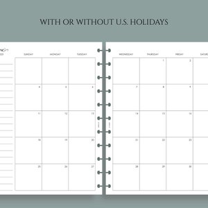 Dated Monthly Calendar Planner Inserts, Sunday Start, Optional Holidays, MO2P Big Happy Planner / 8.5 x 11 image 2