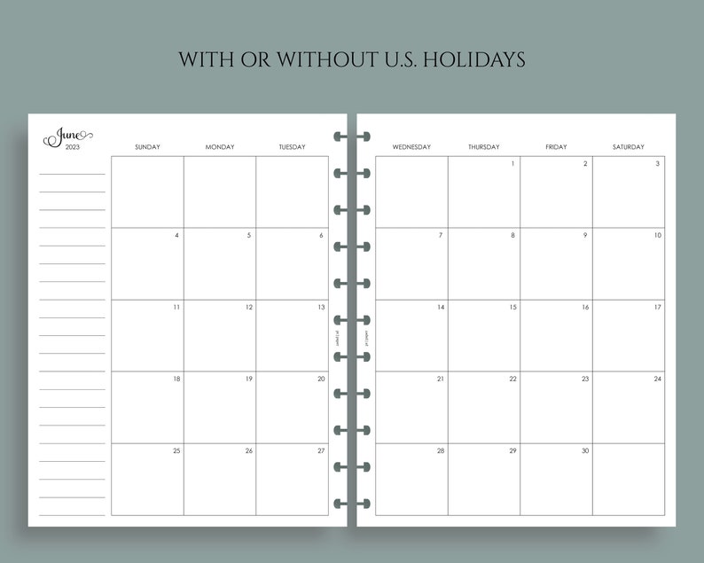 Dated Monthly Calendar Planner Inserts, Sunday Start, Optional Holidays, MO2P Big Happy Planner / 8.5 x 11 image 2