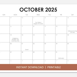 May include: A printable calendar for October 2025 with important dates highlighted, including Indigenous Peoples' Day, Columbus Day, Diwali, Yom Kippur, National Coming Out Day, and Halloween.